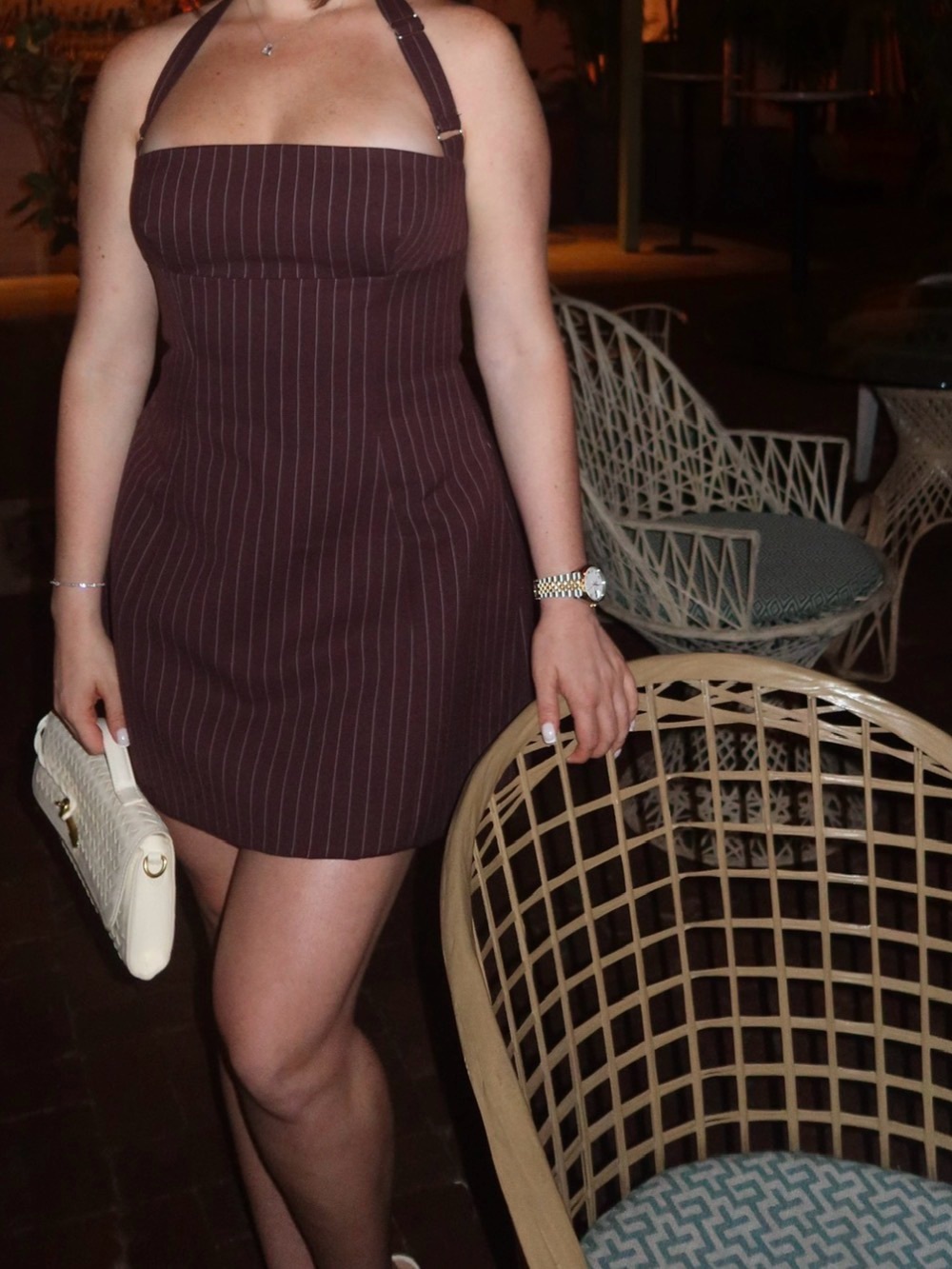 Oh Polly Brown Pinstripe Halter Mini Dress